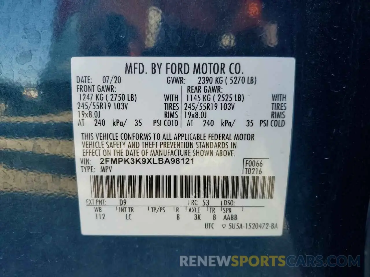 13 Фотография поврежденного автомобиля 2FMPK3K9XLBA98121 FORD EDGE 2020
