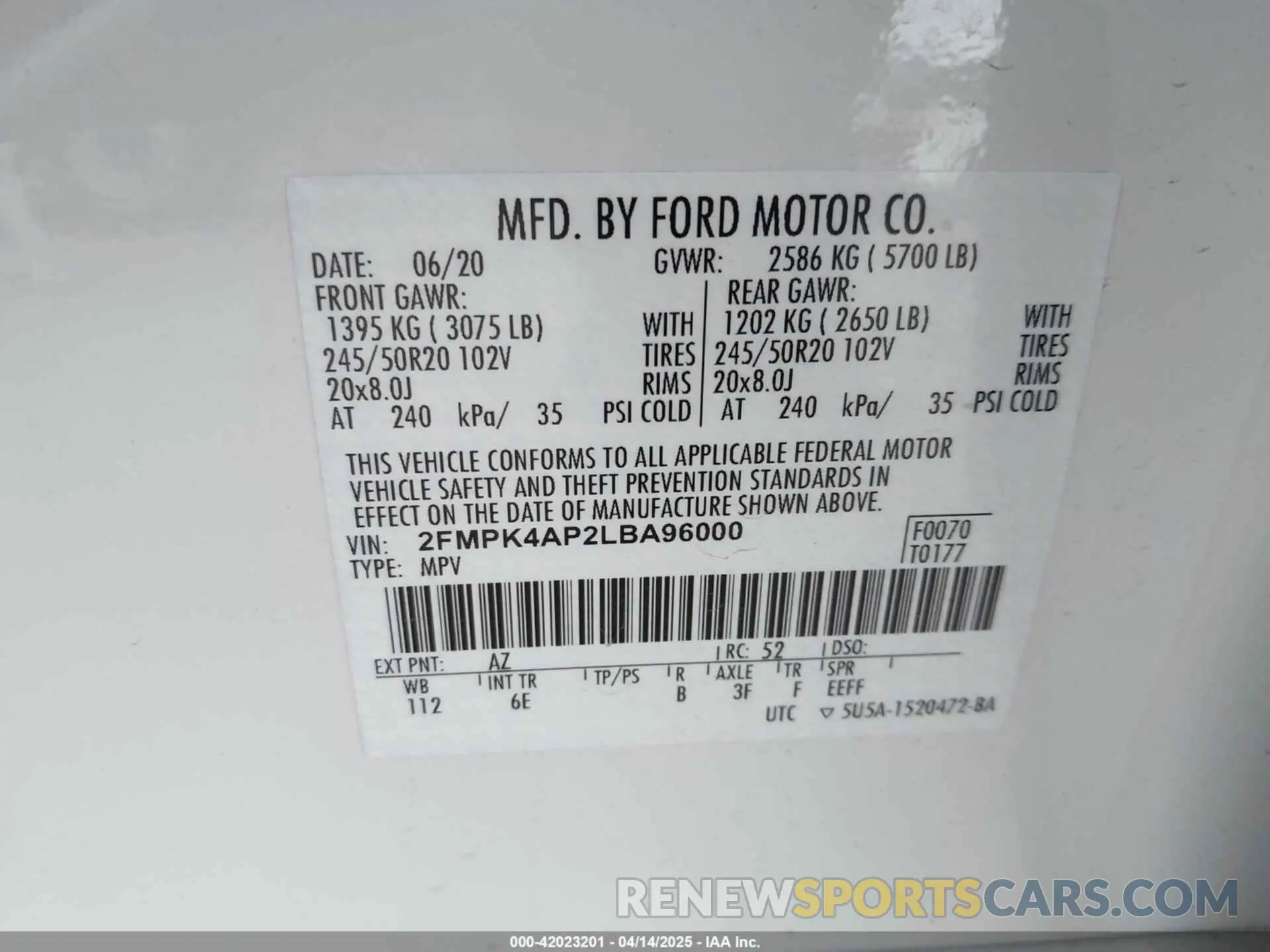9 Photograph of a damaged car 2FMPK4AP2LBA96000 FORD EDGE 2020