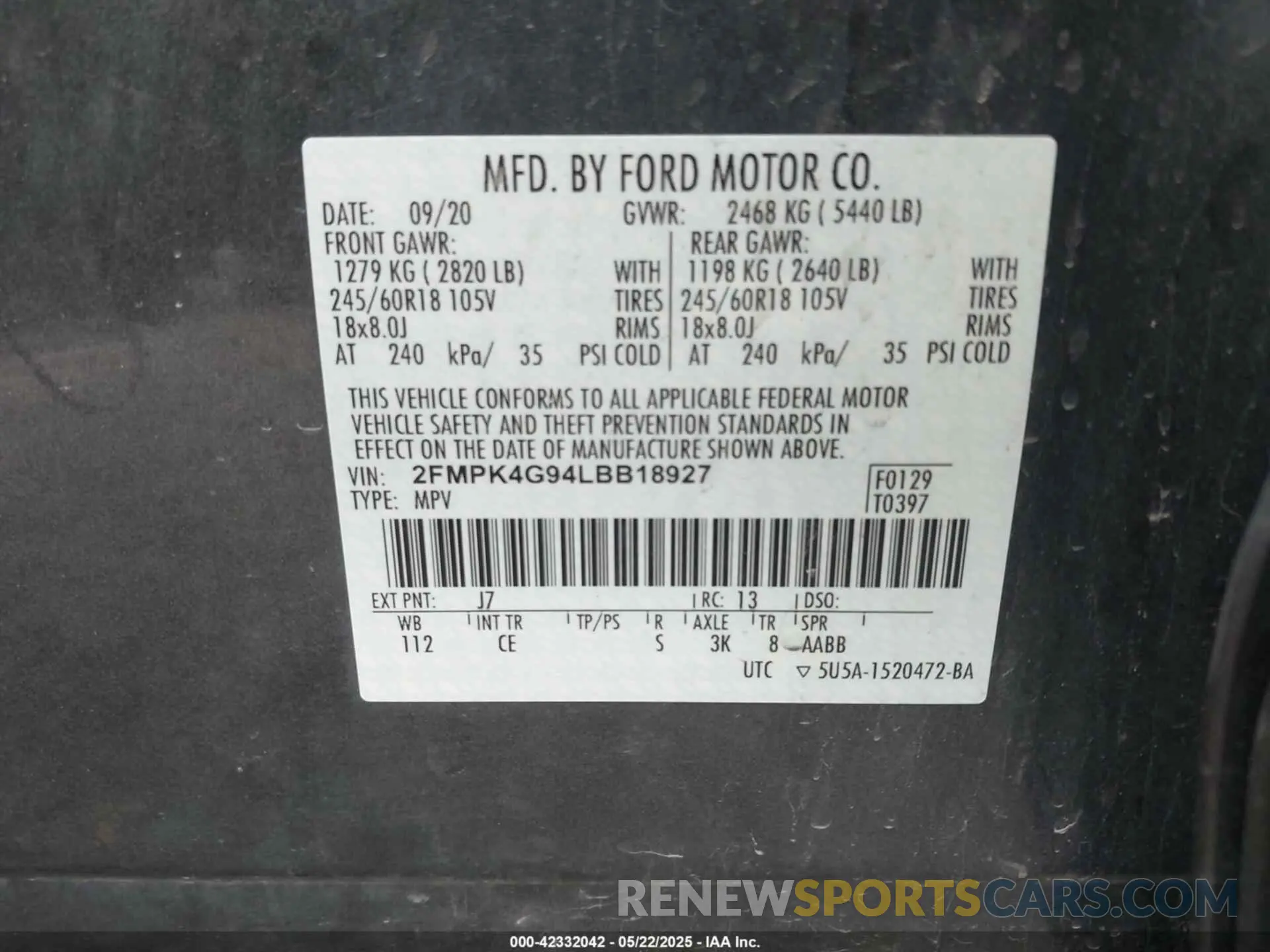 9 Photograph of a damaged car 2FMPK4G94LBB18927 FORD EDGE 2020