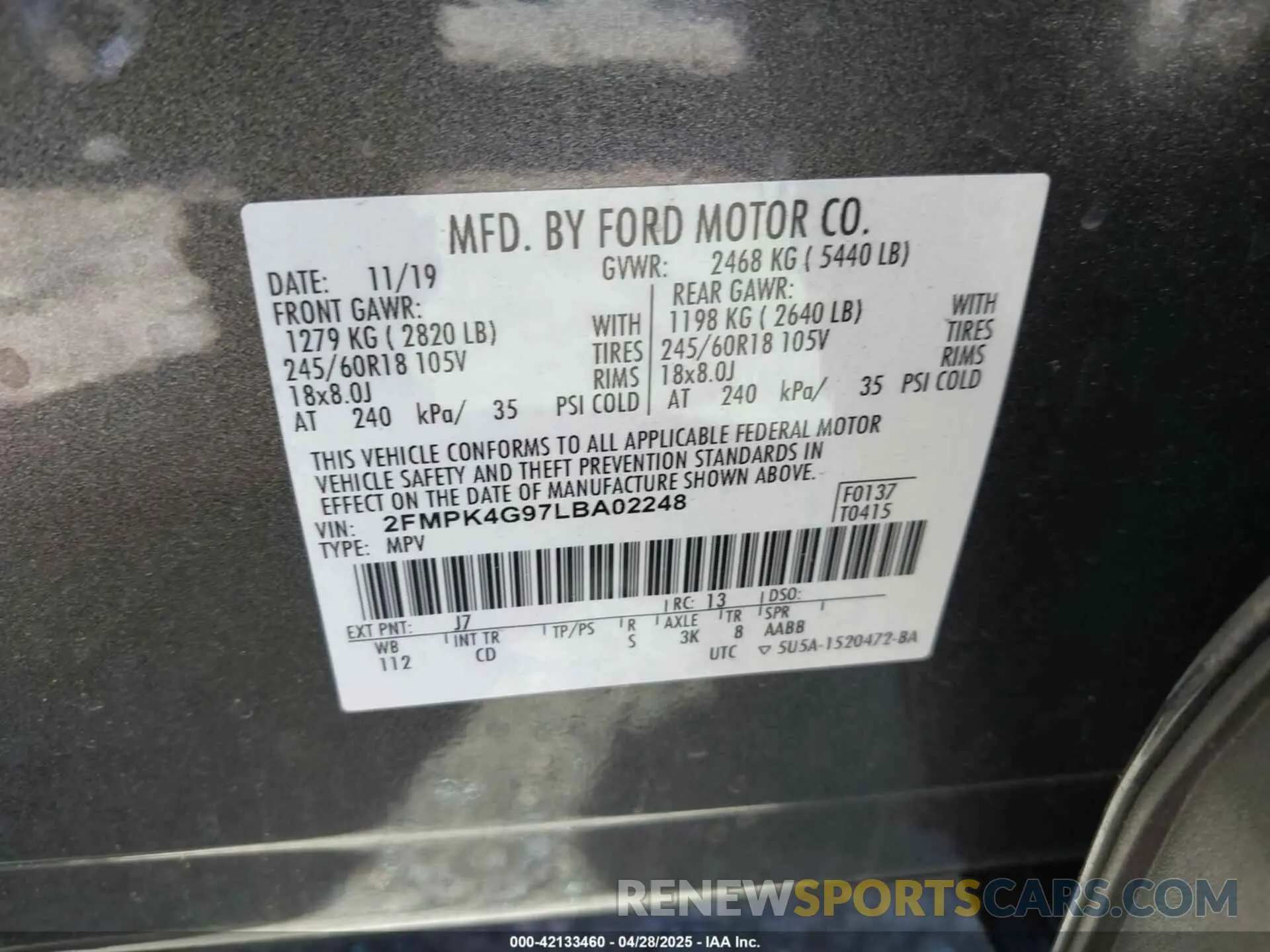 9 Фотография поврежденного автомобиля 2FMPK4G97LBA02248 FORD EDGE 2020