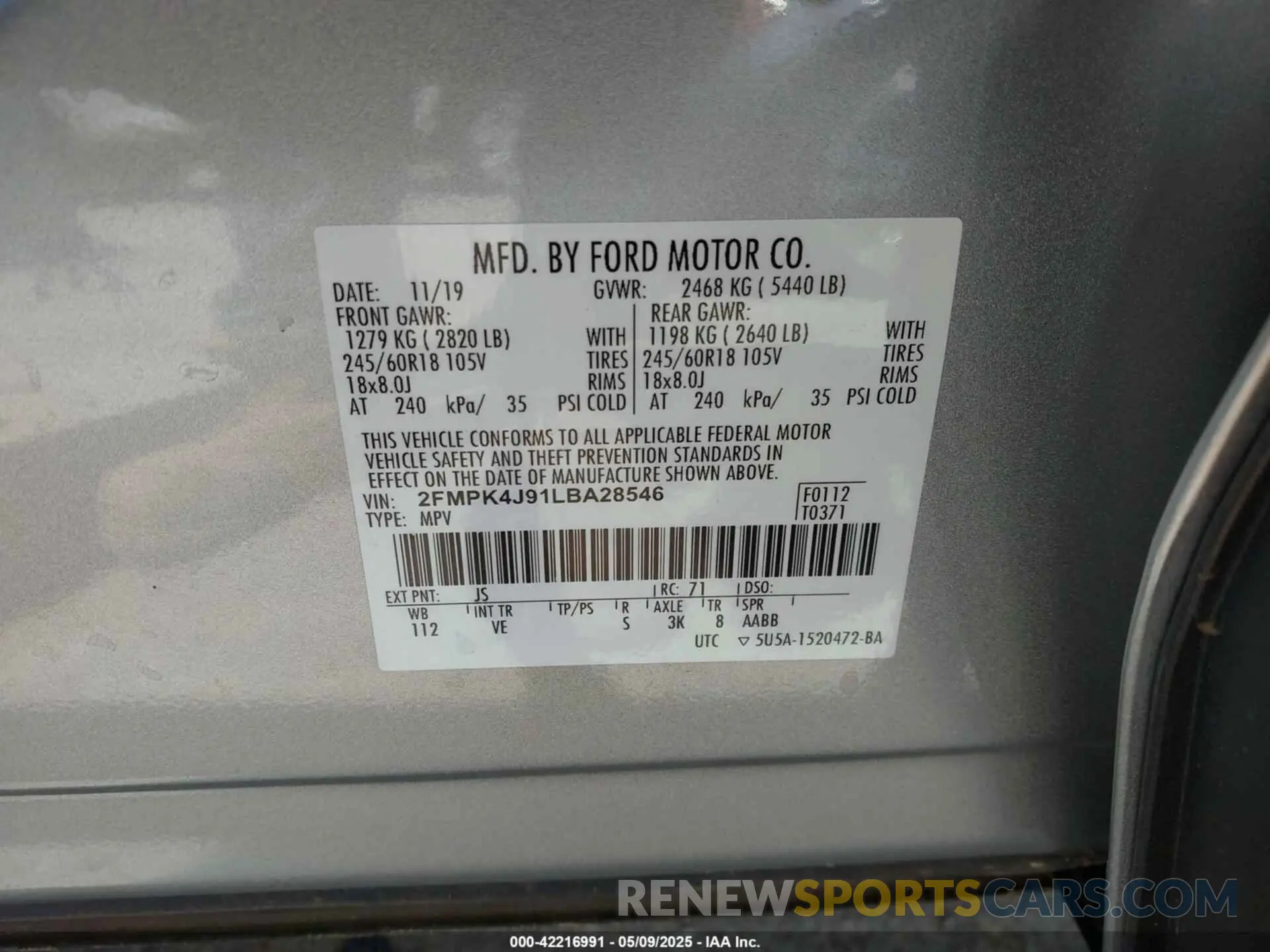 9 Photograph of a damaged car 2FMPK4J91LBA28546 FORD EDGE 2020