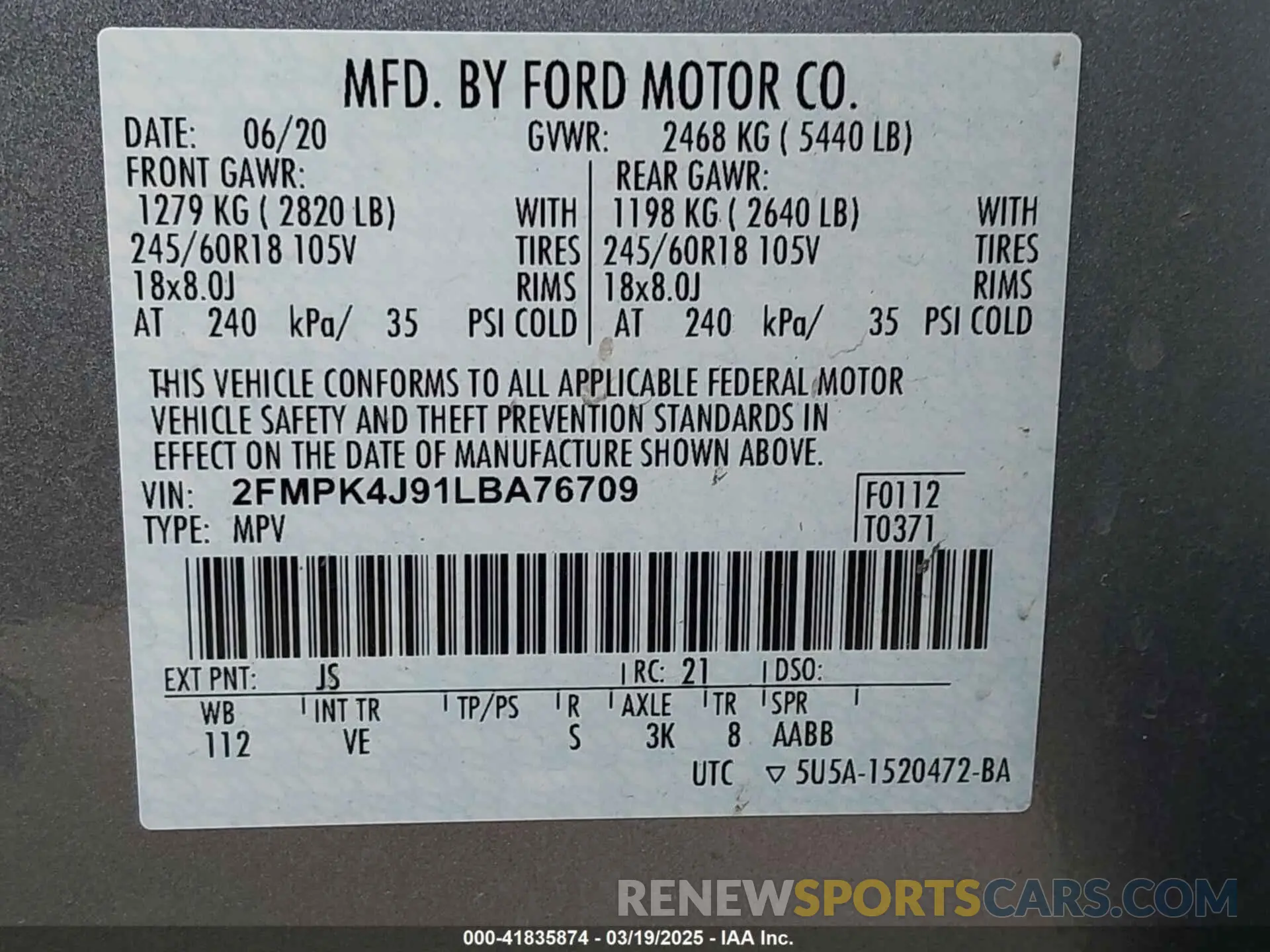 9 Photograph of a damaged car 2FMPK4J91LBA76709 FORD EDGE 2020