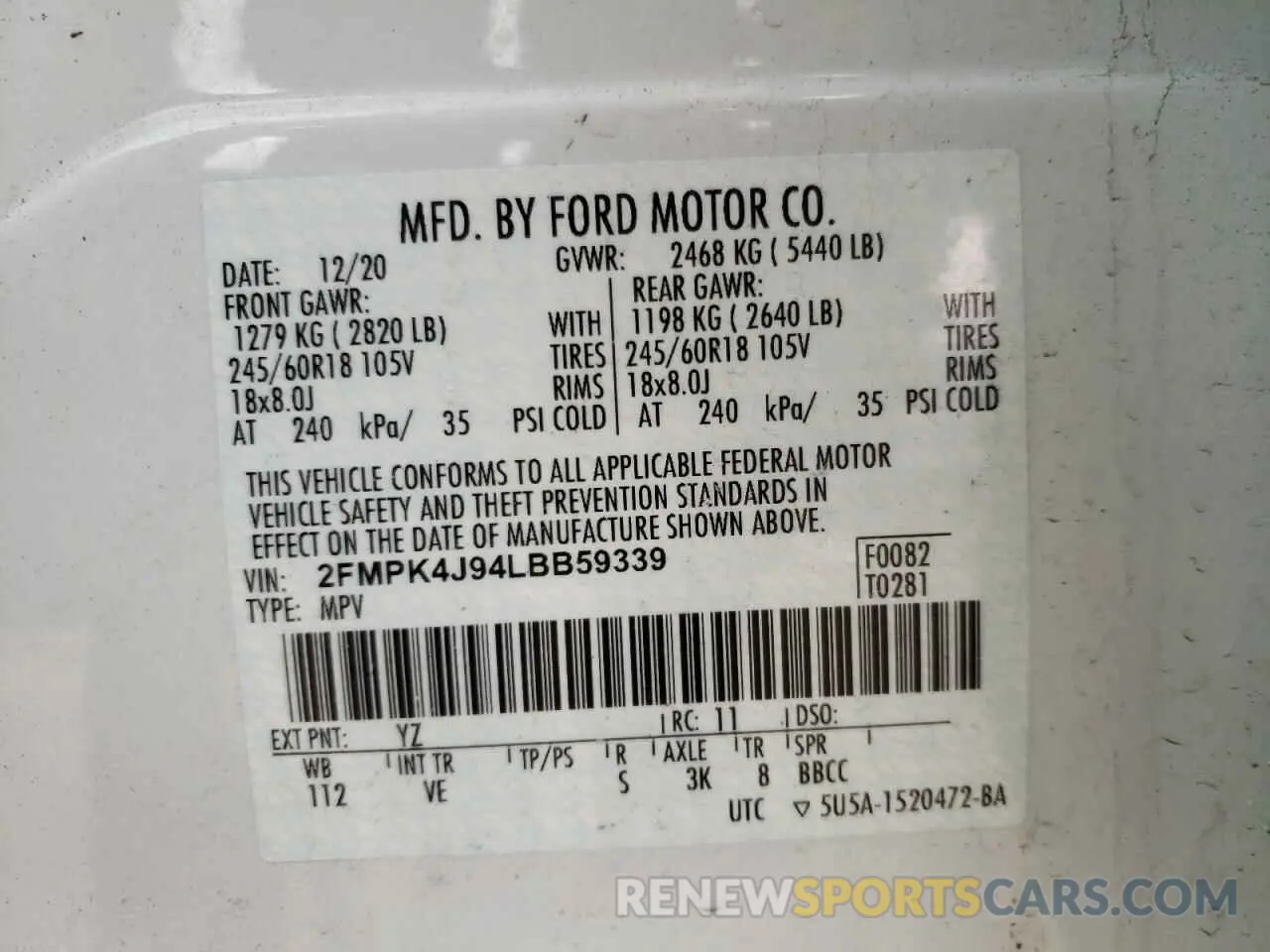 13 Фотография поврежденного автомобиля 2FMPK4J94LBB59339 FORD EDGE 2020