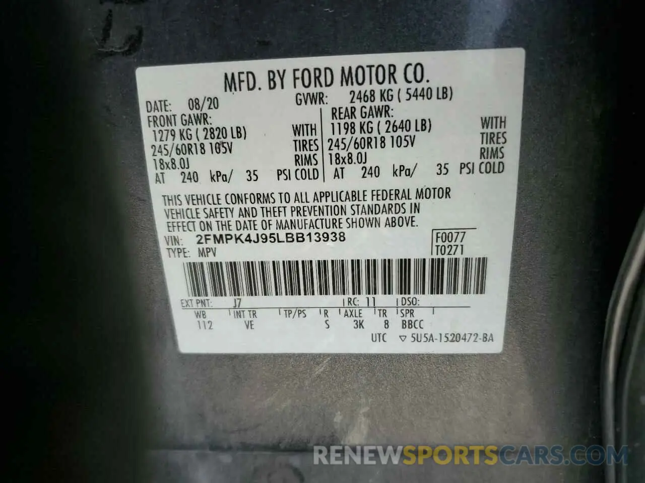 13 Фотография поврежденного автомобиля 2FMPK4J95LBB13938 FORD EDGE 2020