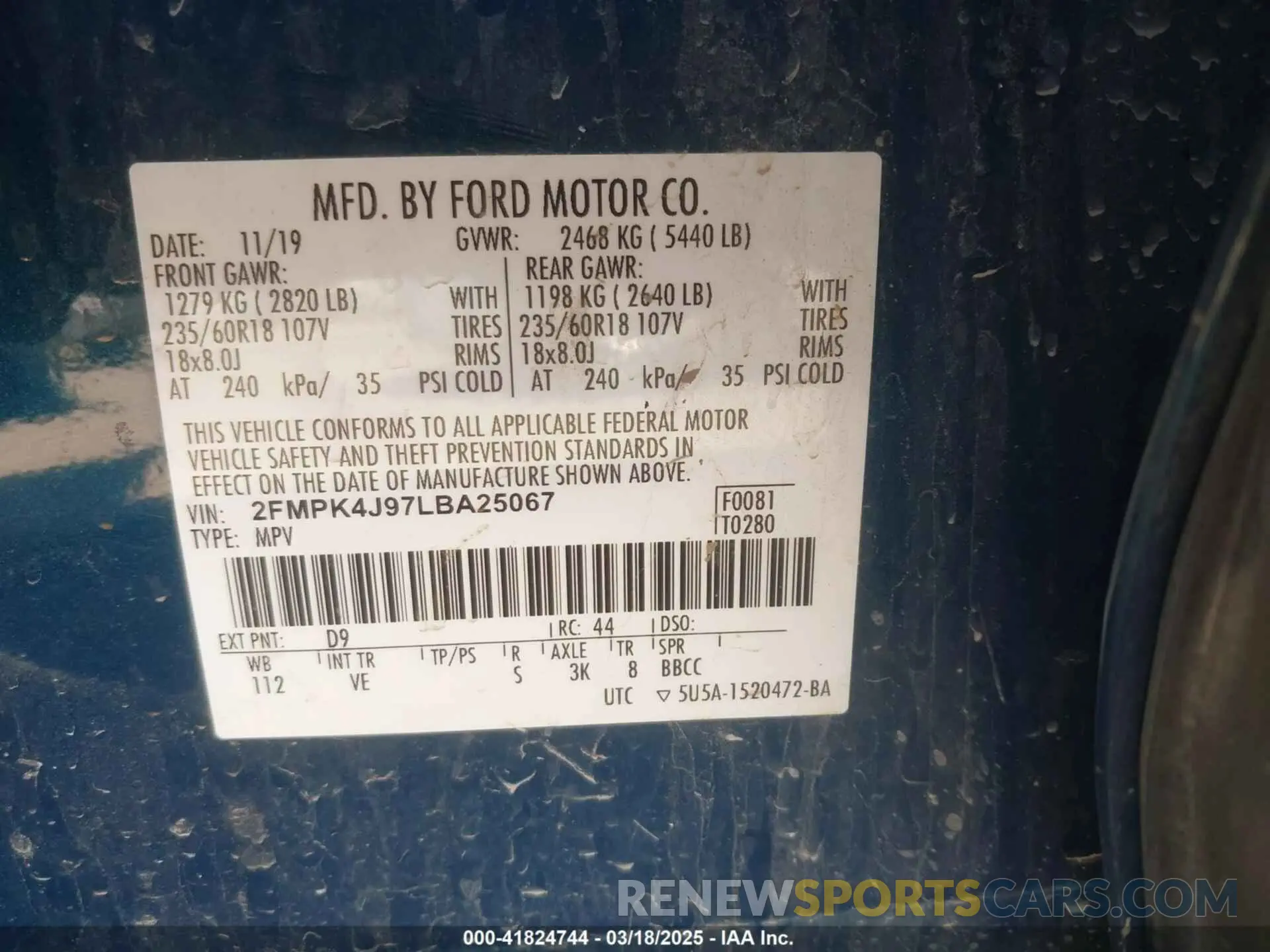 9 Фотография поврежденного автомобиля 2FMPK4J97LBA25067 FORD EDGE 2020