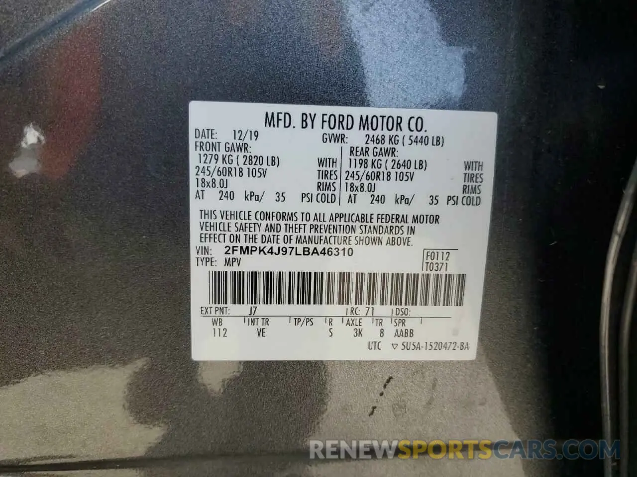 13 Фотография поврежденного автомобиля 2FMPK4J97LBA46310 FORD EDGE 2020