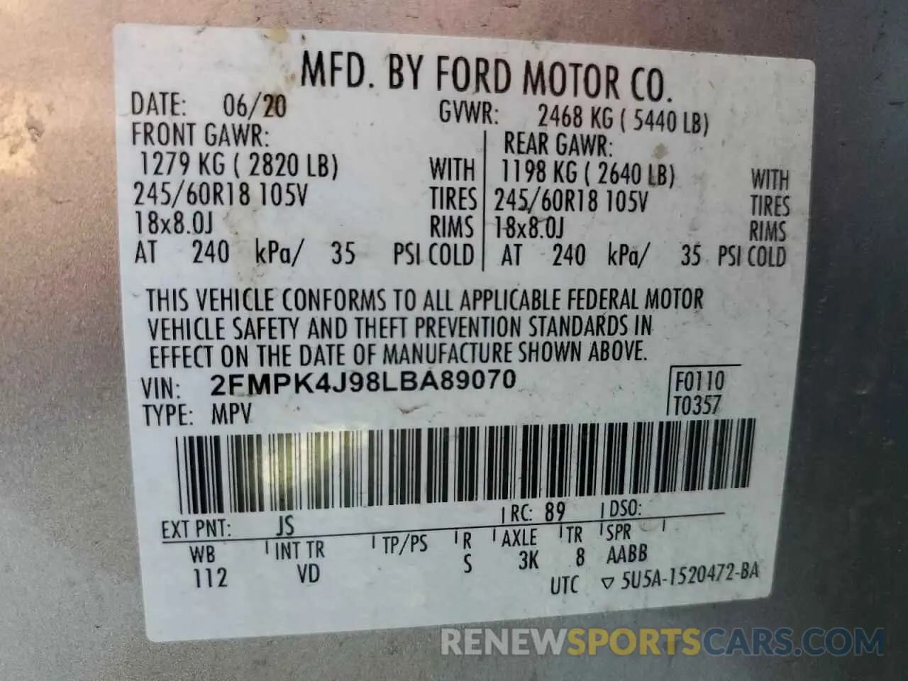 13 Фотография поврежденного автомобиля 2FMPK4J98LBA89070 FORD EDGE 2020