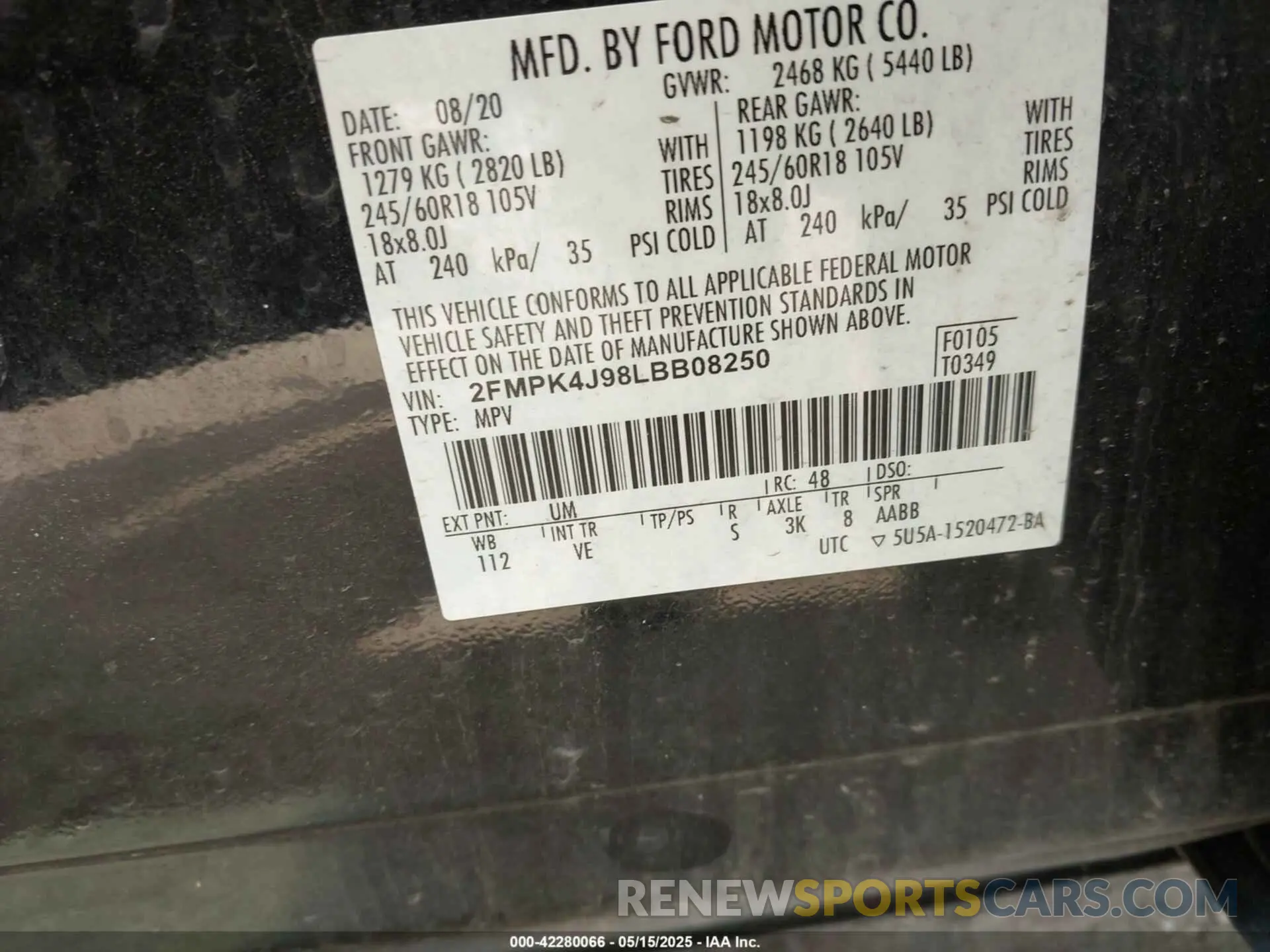 9 Photograph of a damaged car 2FMPK4J98LBB08250 FORD EDGE 2020