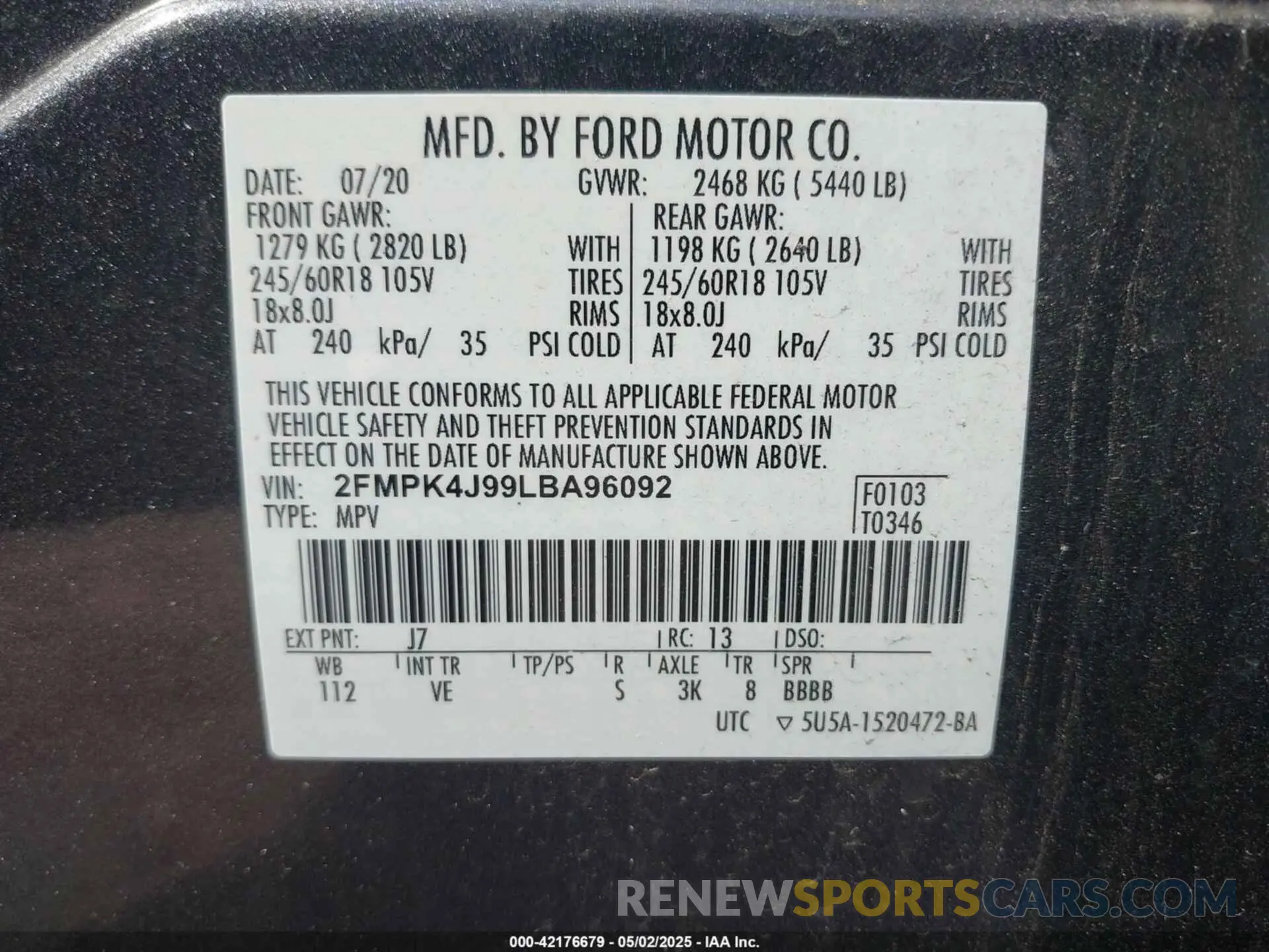 9 Фотография поврежденного автомобиля 2FMPK4J99LBA96092 FORD EDGE 2020