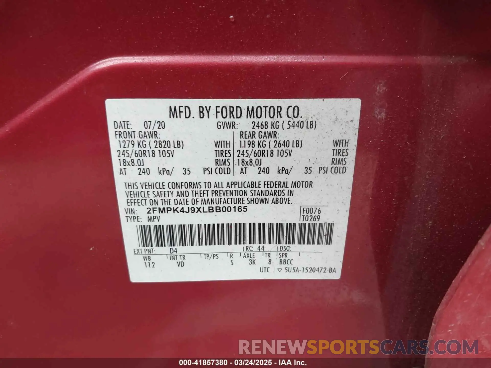 9 Photograph of a damaged car 2FMPK4J9XLBB00165 FORD EDGE 2020