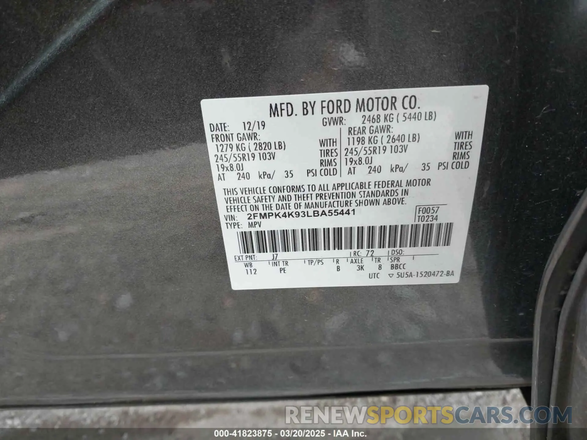 9 Фотография поврежденного автомобиля 2FMPK4K93LBA55441 FORD EDGE 2020