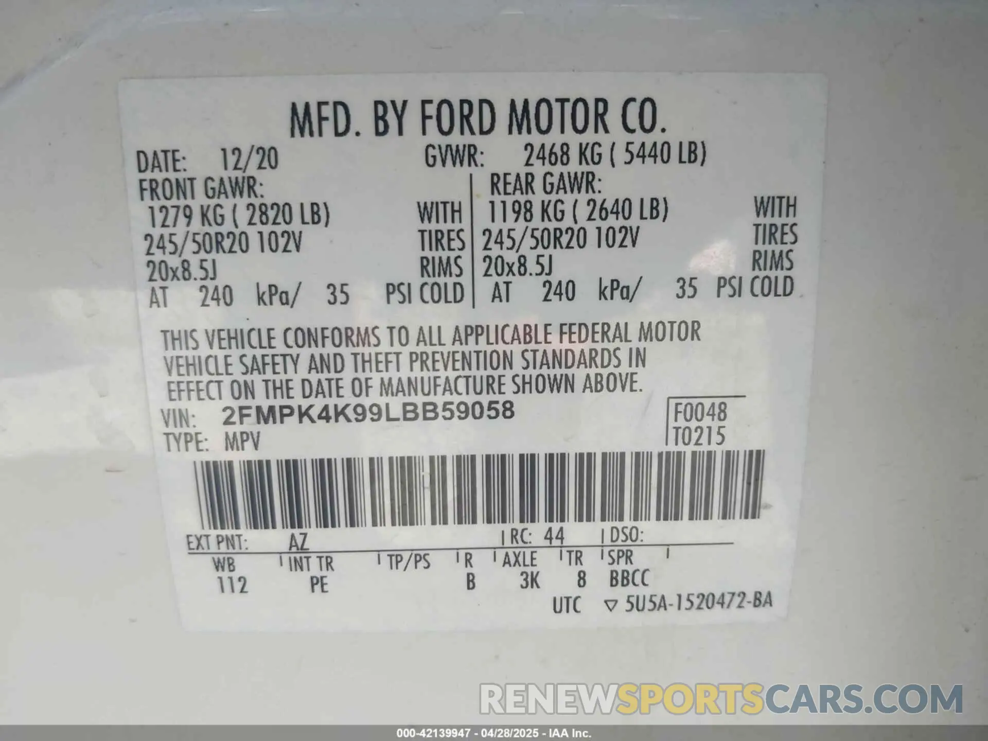 9 Фотография поврежденного автомобиля 2FMPK4K99LBB59058 FORD EDGE 2020
