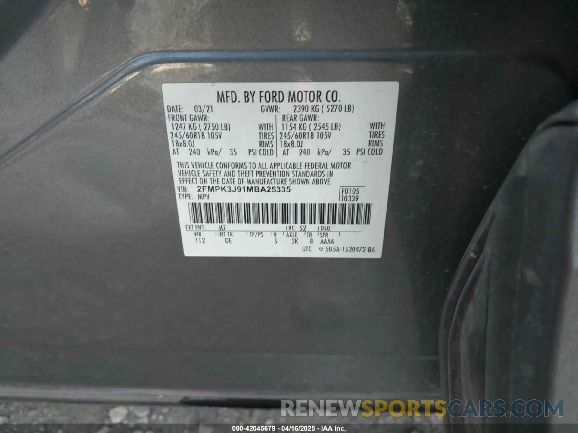 9 Фотография поврежденного автомобиля 2FMPK3J91MBA25335 FORD EDGE 2021