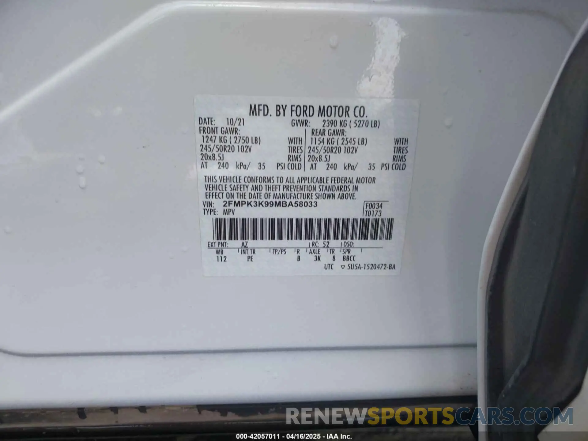9 Photograph of a damaged car 2FMPK3K99MBA58033 FORD EDGE 2021