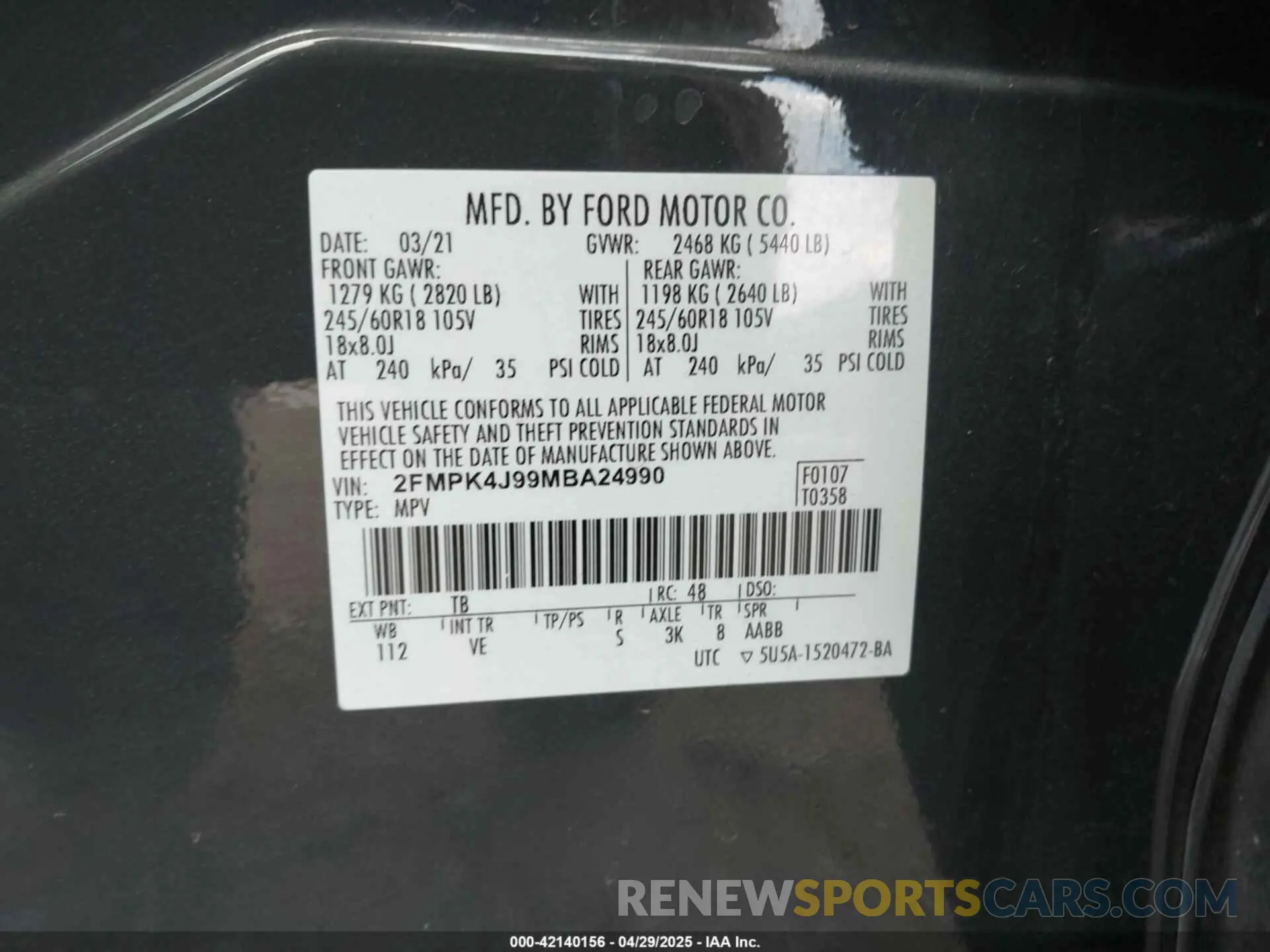 9 Фотография поврежденного автомобиля 2FMPK4J99MBA24990 FORD EDGE 2021