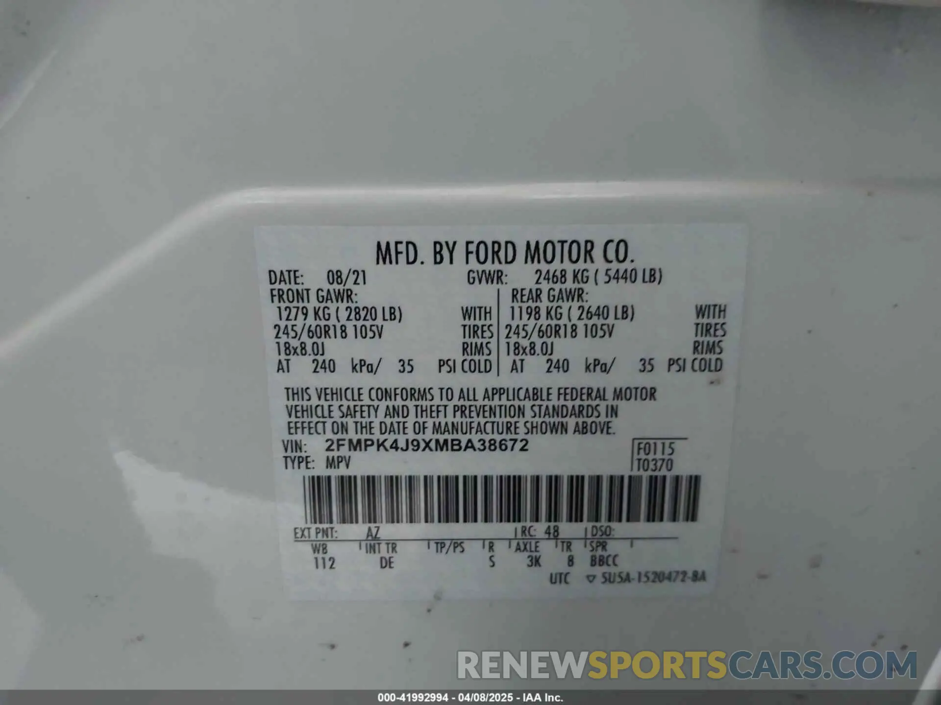 9 Photograph of a damaged car 2FMPK4J9XMBA38672 FORD EDGE 2021