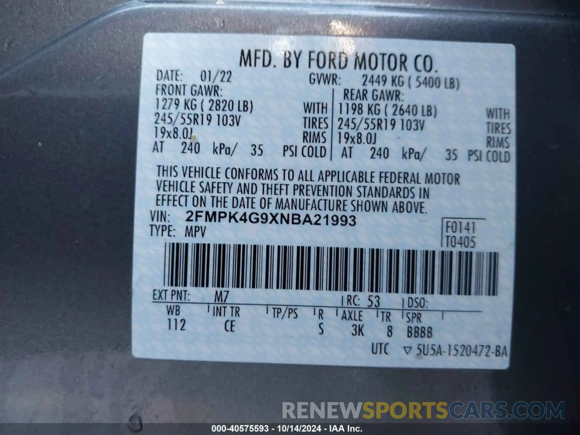9 Фотография поврежденного автомобиля 2FMPK4G9XNBA21993 FORD EDGE 2022