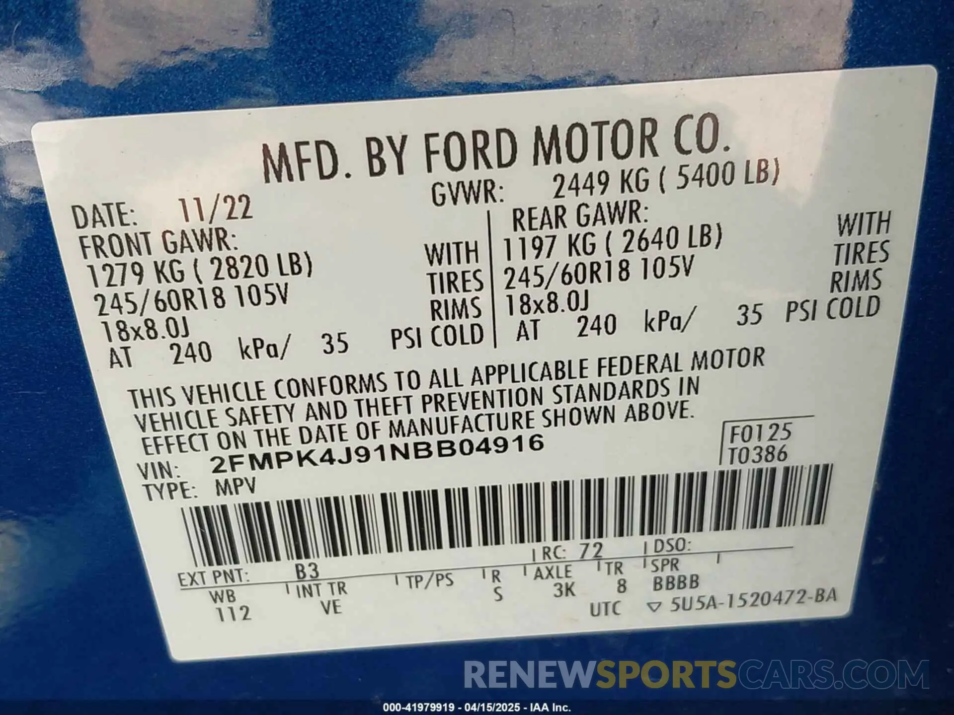 9 Photograph of a damaged car 2FMPK4J91NBB04916 FORD EDGE 2022