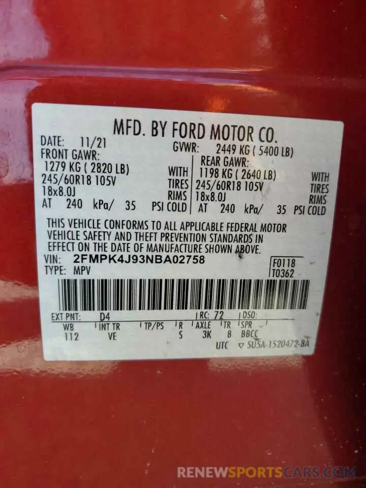 13 Photograph of a damaged car 2FMPK4J93NBA02758 FORD EDGE 2022