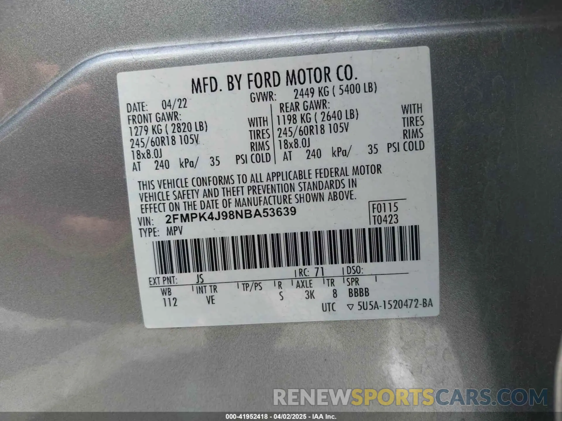 9 Фотография поврежденного автомобиля 2FMPK4J98NBA53639 FORD EDGE 2022