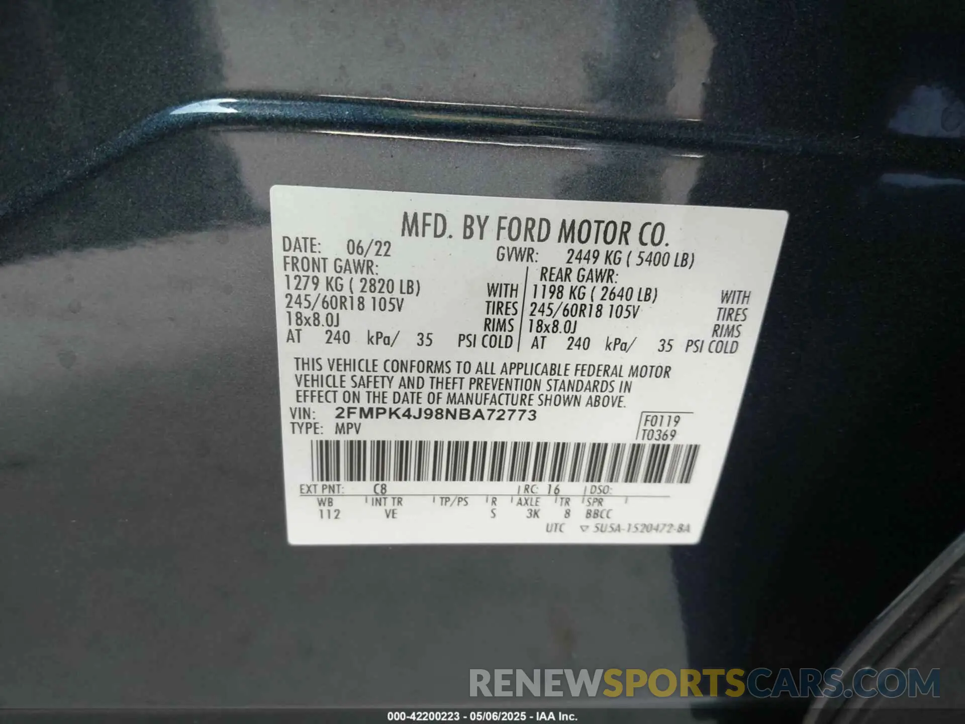 9 Фотография поврежденного автомобиля 2FMPK4J98NBA72773 FORD EDGE 2022