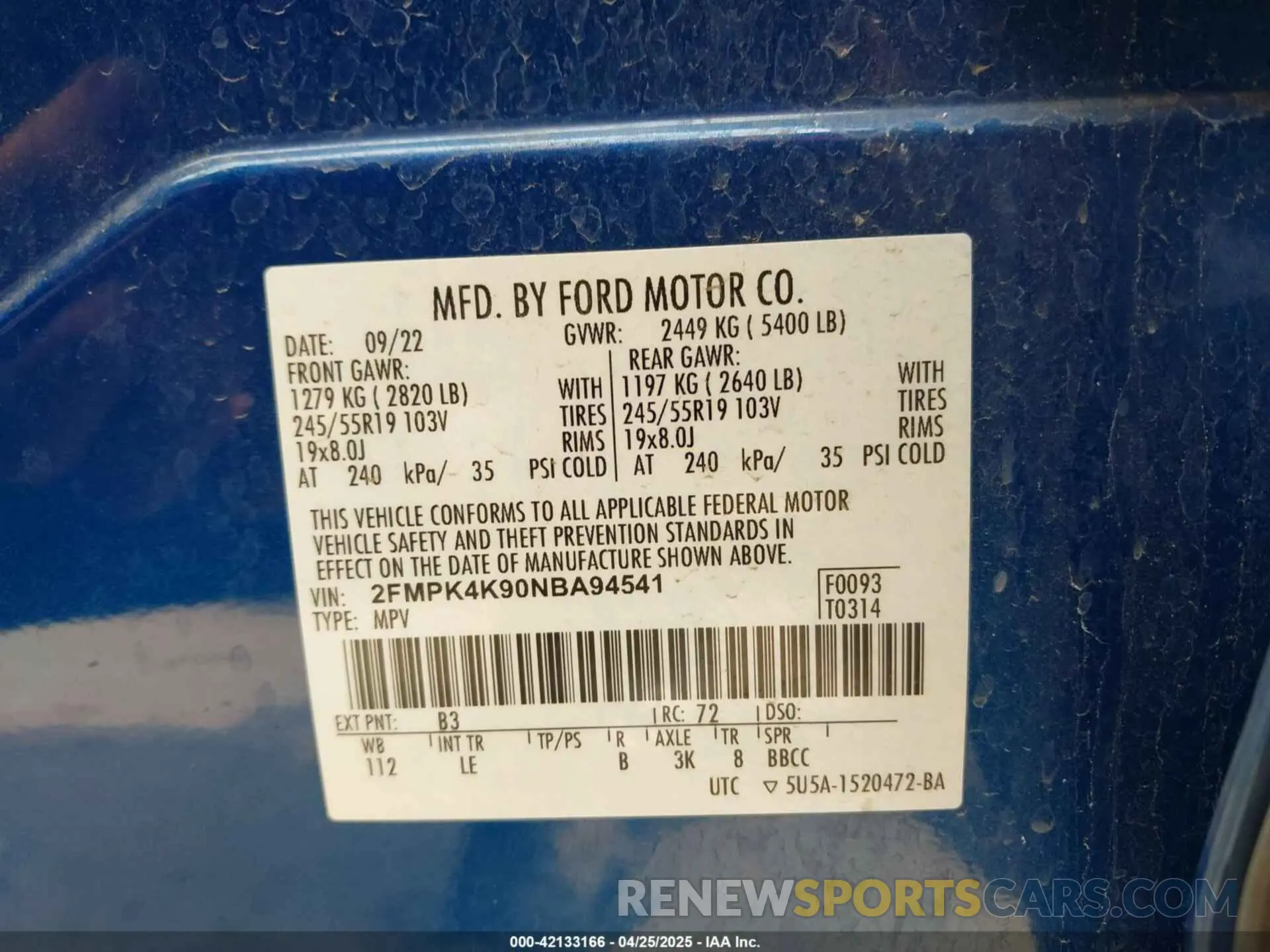 9 Фотография поврежденного автомобиля 2FMPK4K90NBA94541 FORD EDGE 2022