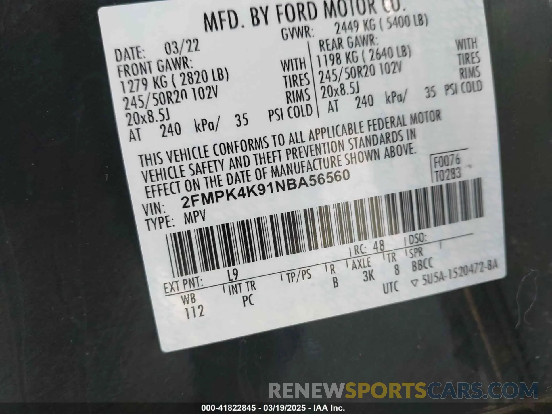 9 Photograph of a damaged car 2FMPK4K91NBA56560 FORD EDGE 2022