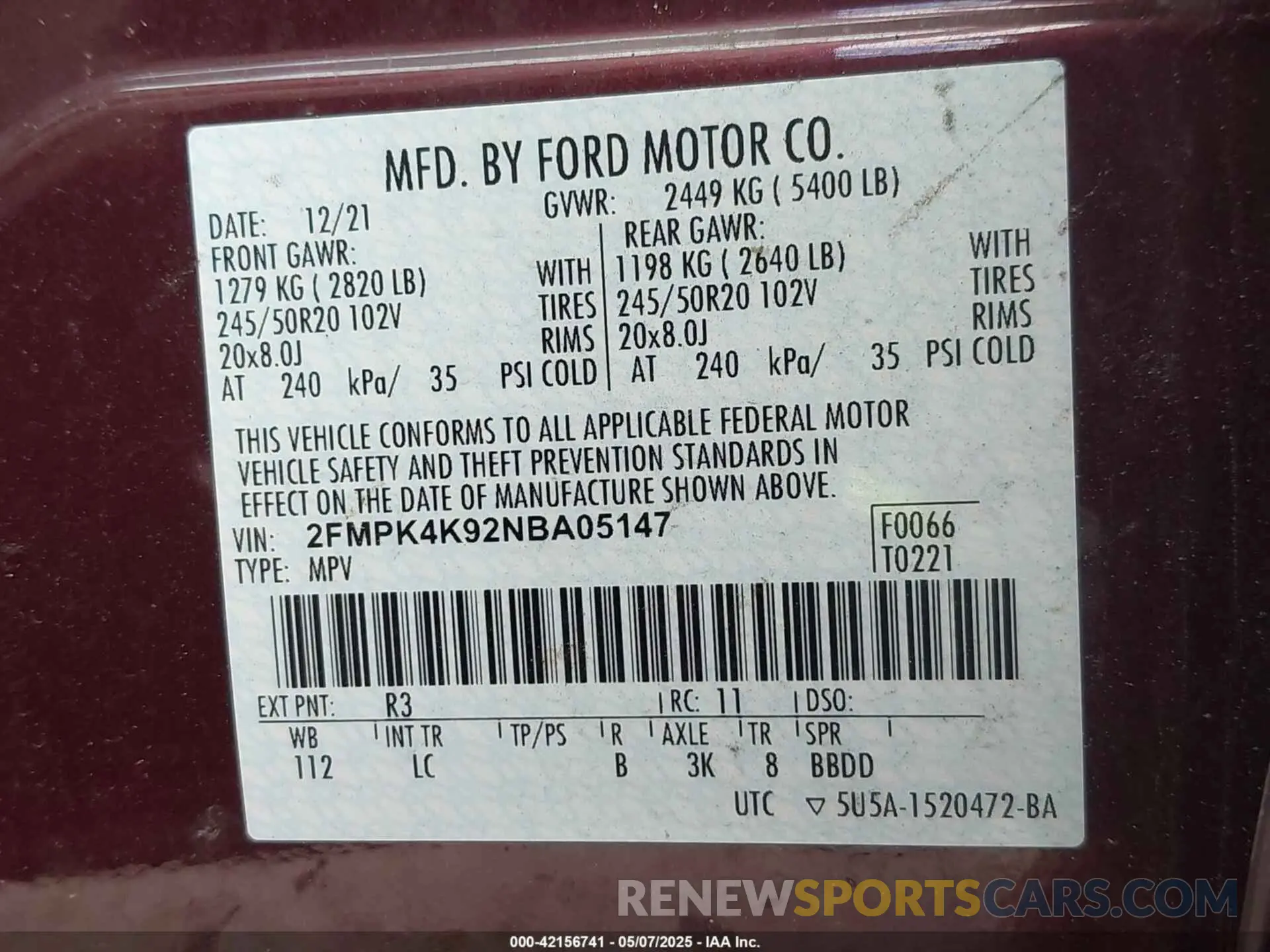 9 Photograph of a damaged car 2FMPK4K92NBA05147 FORD EDGE 2022