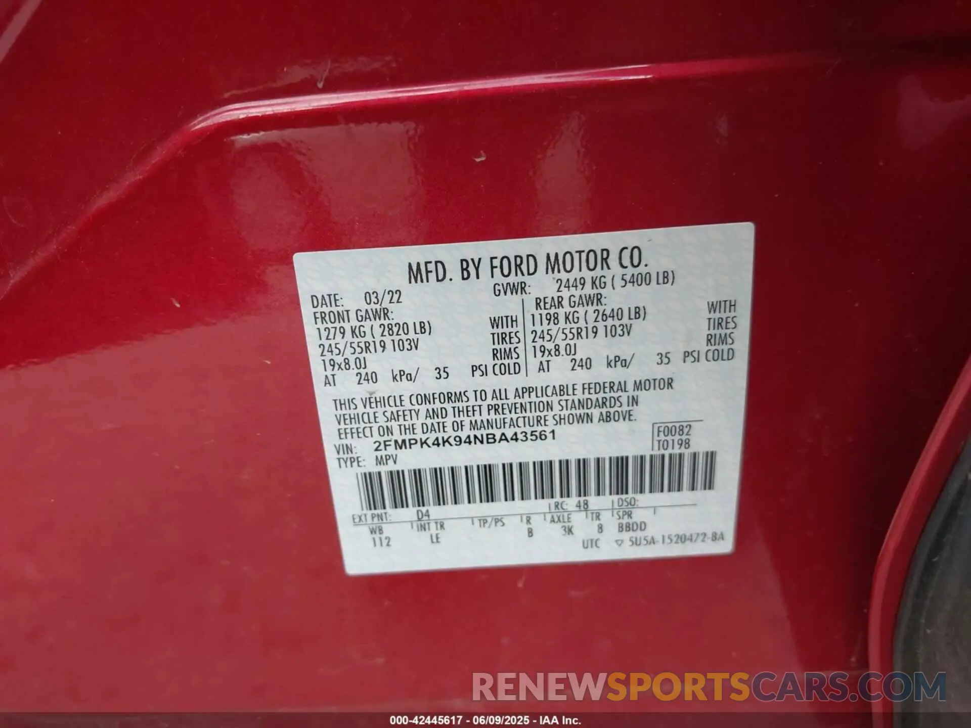 9 Photograph of a damaged car 2FMPK4K94NBA43561 FORD EDGE 2022