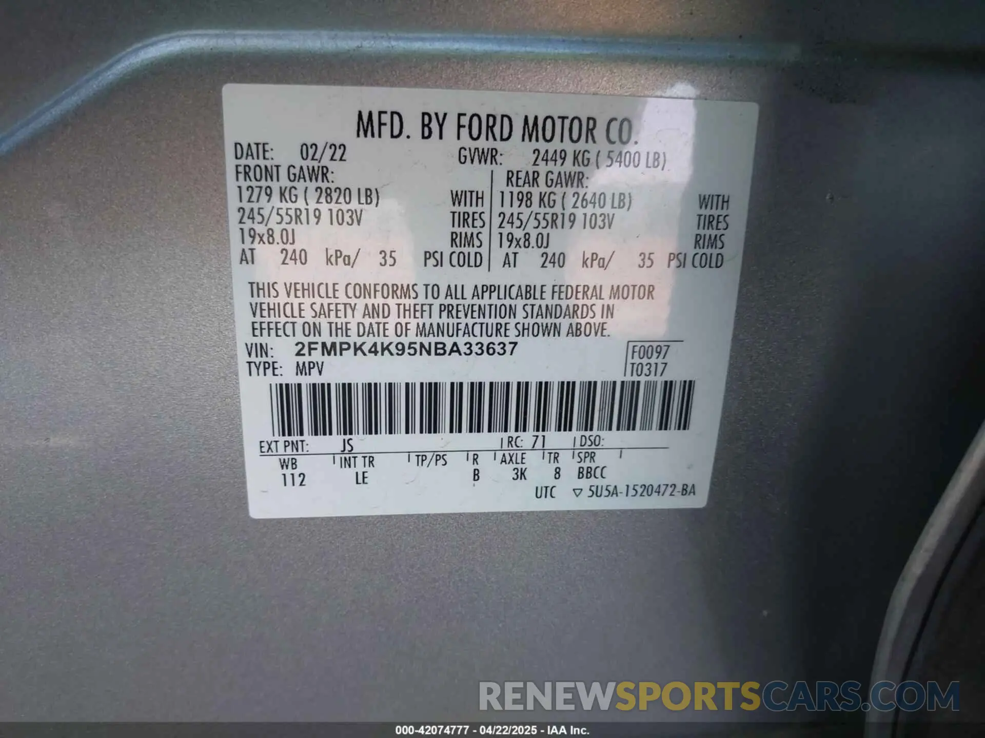 9 Фотография поврежденного автомобиля 2FMPK4K95NBA33637 FORD EDGE 2022