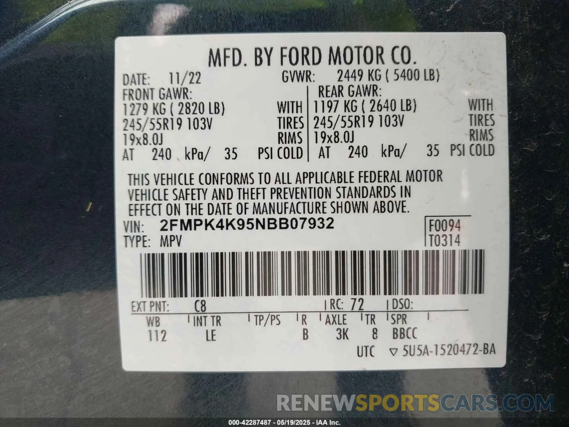 9 Photograph of a damaged car 2FMPK4K95NBB07932 FORD EDGE 2022