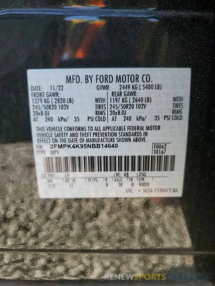 14 Фотография поврежденного автомобиля 2FMPK4K95NBB14640 FORD EDGE 2022
