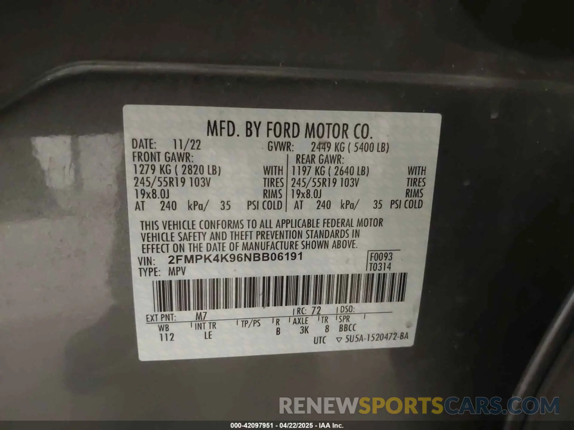 9 Фотография поврежденного автомобиля 2FMPK4K96NBB06191 FORD EDGE 2022