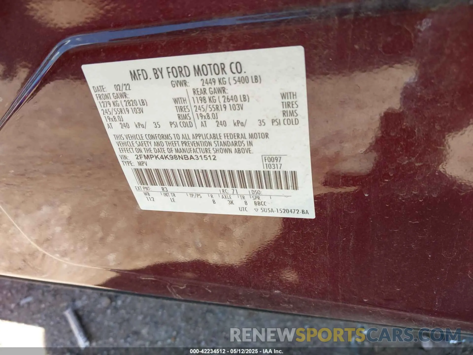 9 Photograph of a damaged car 2FMPK4K98NBA31512 FORD EDGE 2022