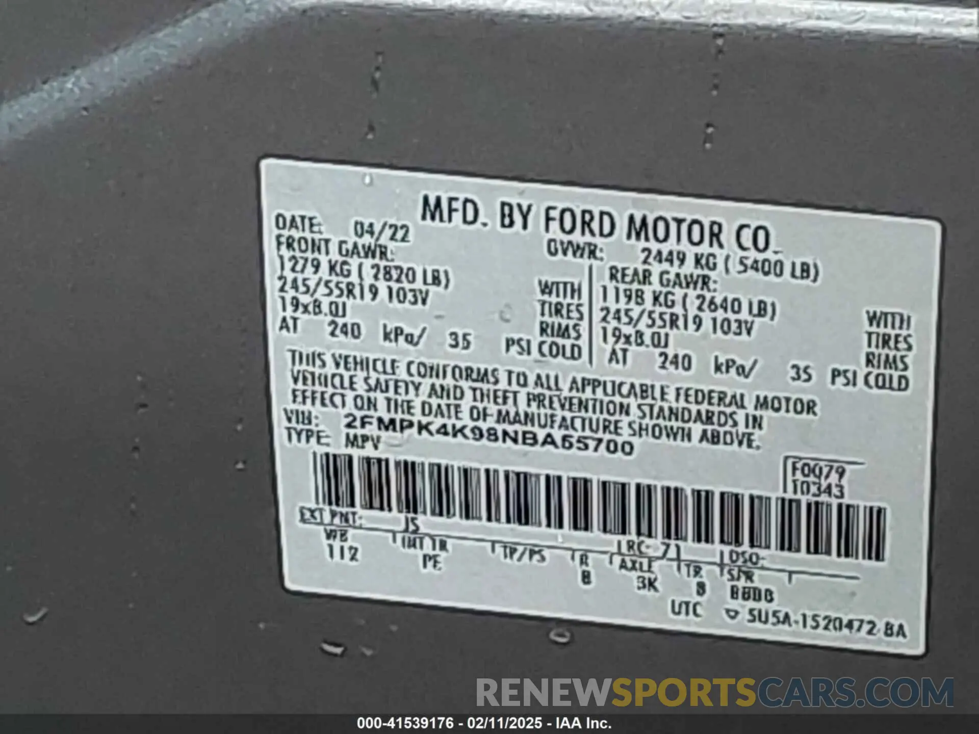 9 Фотография поврежденного автомобиля 2FMPK4K98NBA55700 FORD EDGE 2022