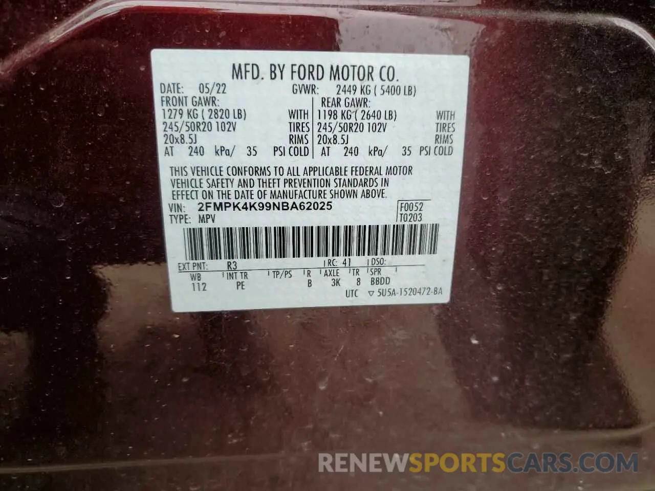 12 Photograph of a damaged car 2FMPK4K99NBA62025 FORD EDGE 2022