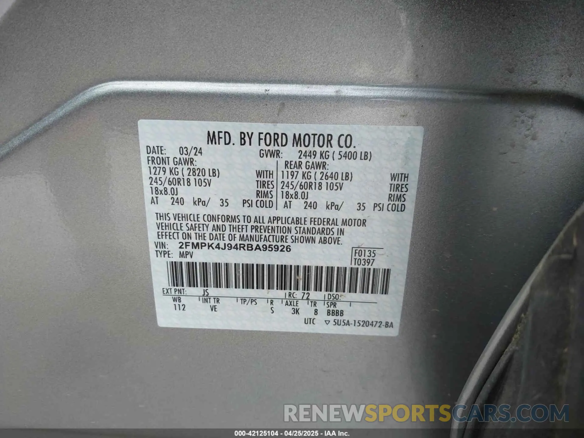 9 Фотография поврежденного автомобиля 2FMPK4J94RBA95926 FORD EDGE 2024