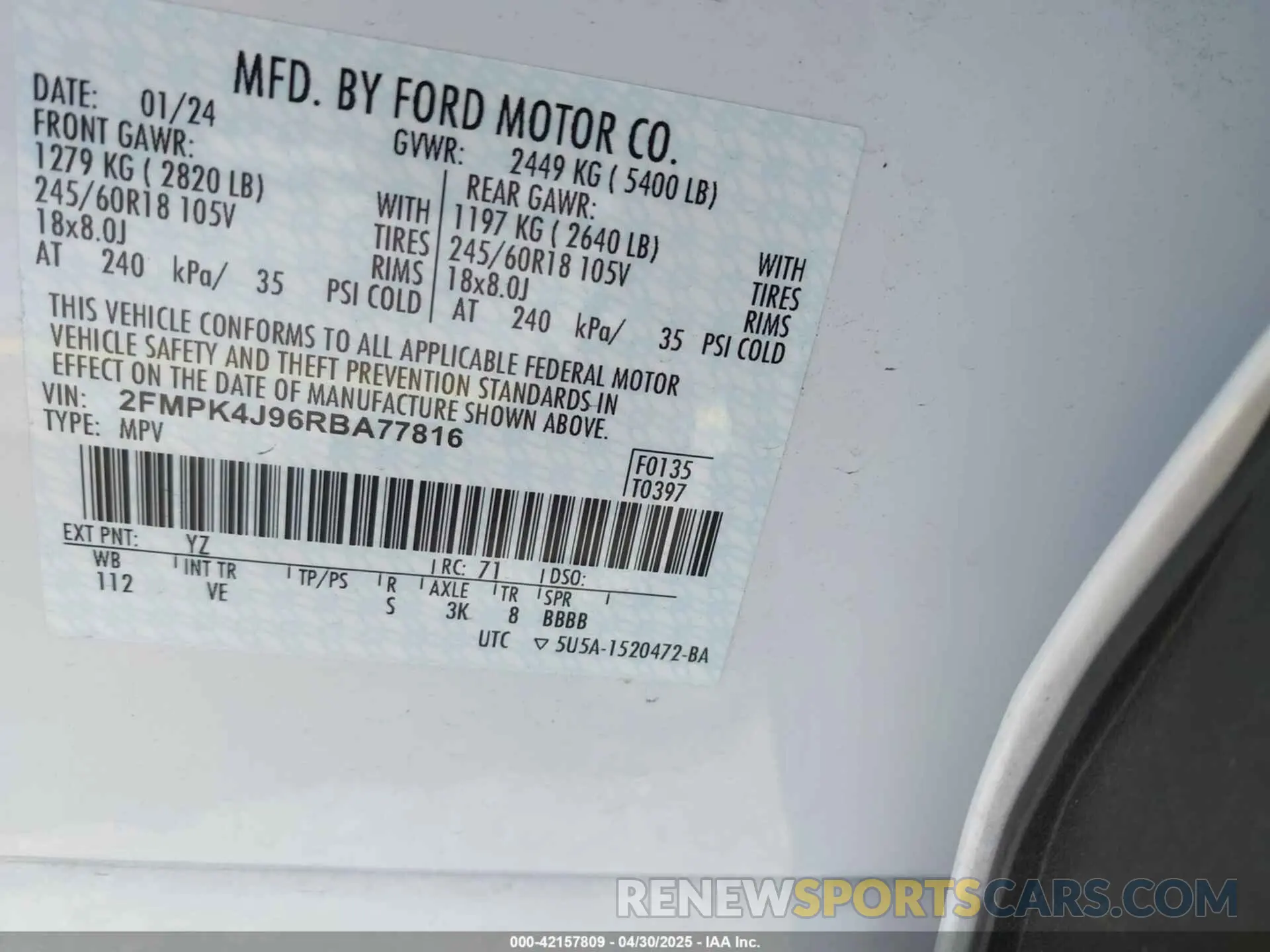 9 Фотография поврежденного автомобиля 2FMPK4J96RBA77816 FORD EDGE 2024
