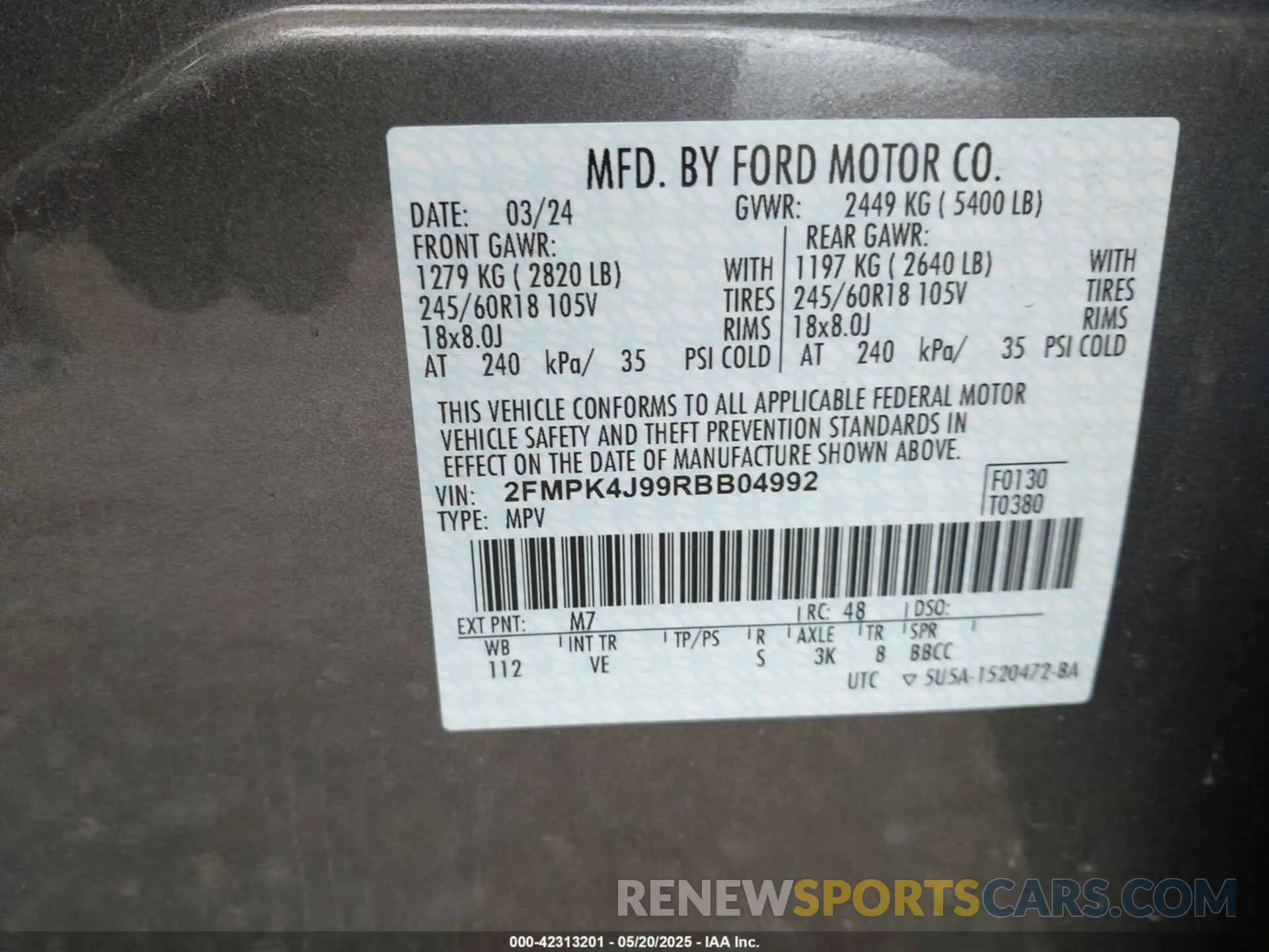 9 Фотография поврежденного автомобиля 2FMPK4J99RBB04992 FORD EDGE 2024