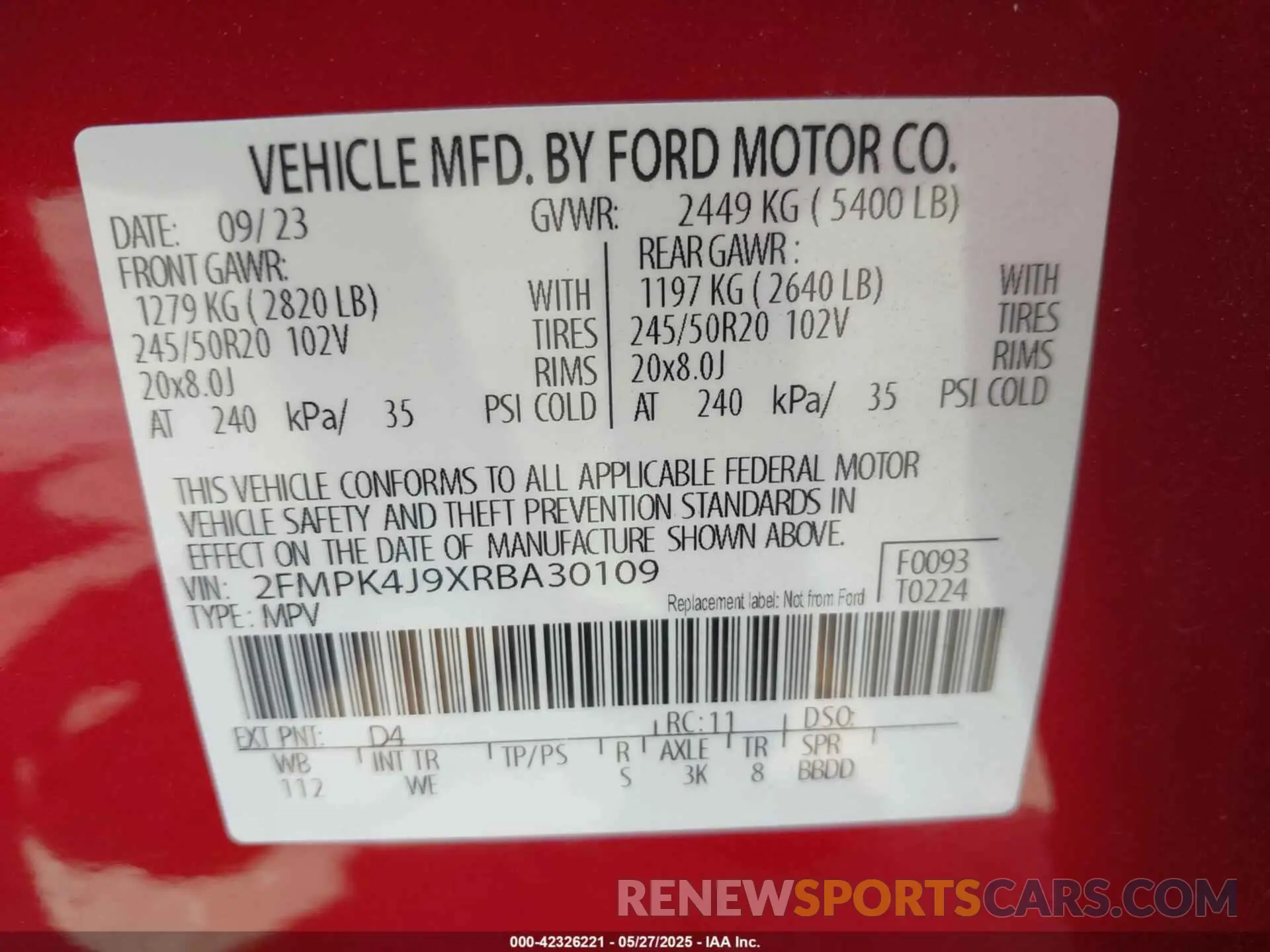 9 Фотография поврежденного автомобиля 2FMPK4J9XRBA30109 FORD EDGE 2024