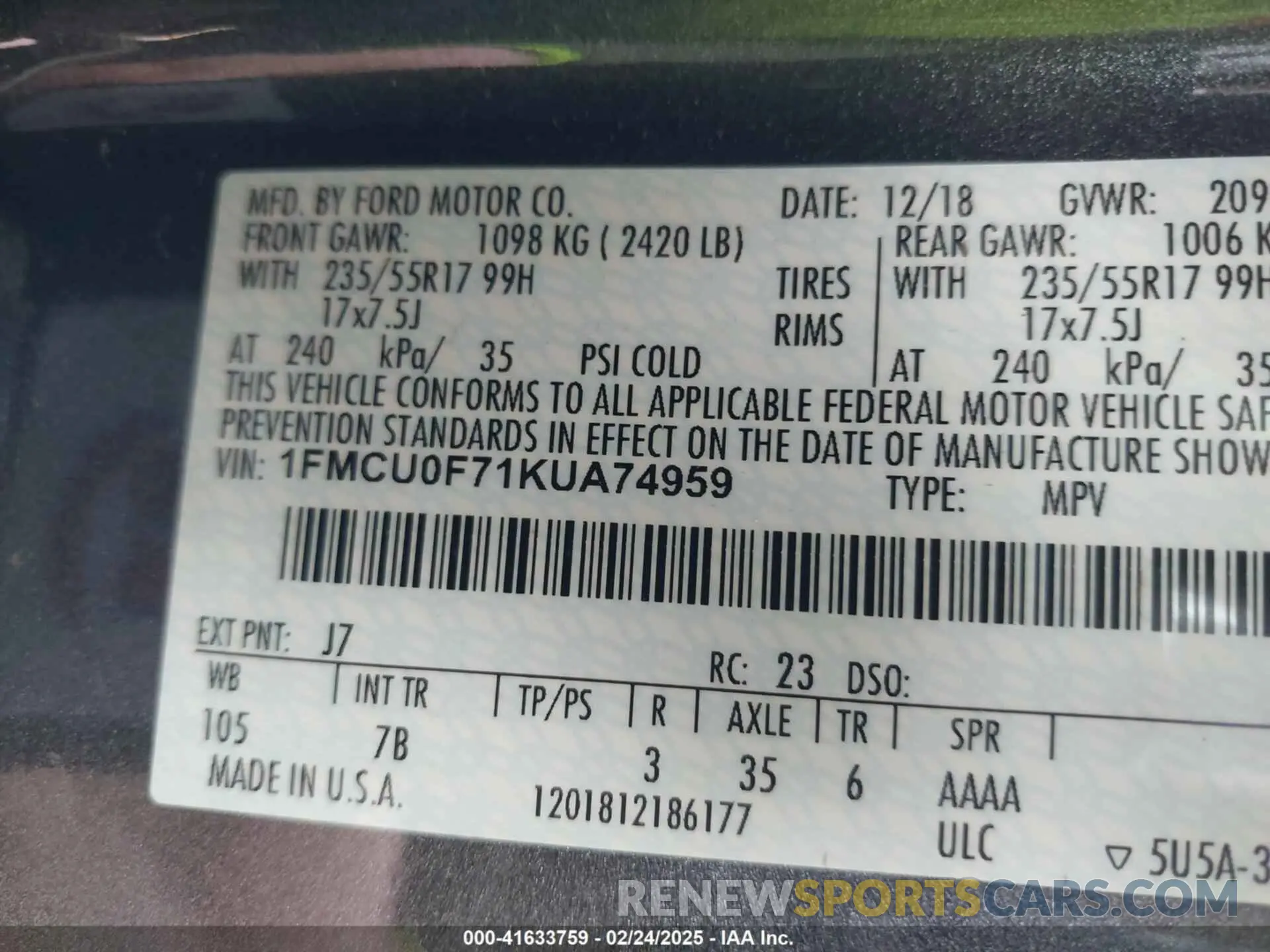 9 Фотография поврежденного автомобиля 1FMCU0F71KUA74959 FORD ESCAPE 2019
