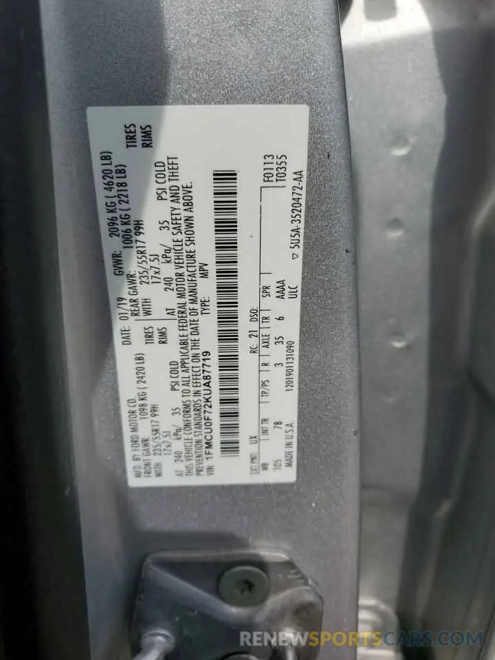 12 Фотография поврежденного автомобиля 1FMCU0F72KUA87719 FORD ESCAPE 2019