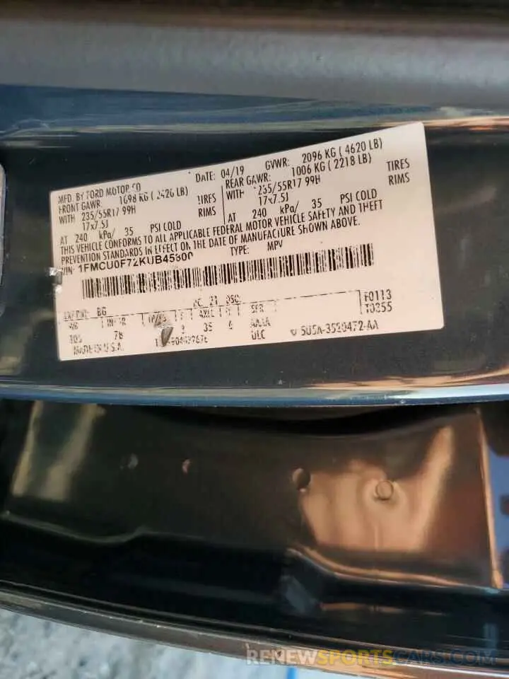13 Фотография поврежденного автомобиля 1FMCU0F72KUB45800 FORD ESCAPE 2019