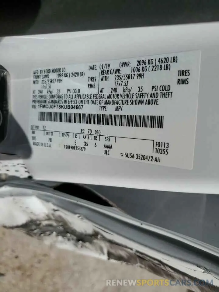 13 Фотография поврежденного автомобиля 1FMCU0F78KUB04667 FORD ESCAPE 2019
