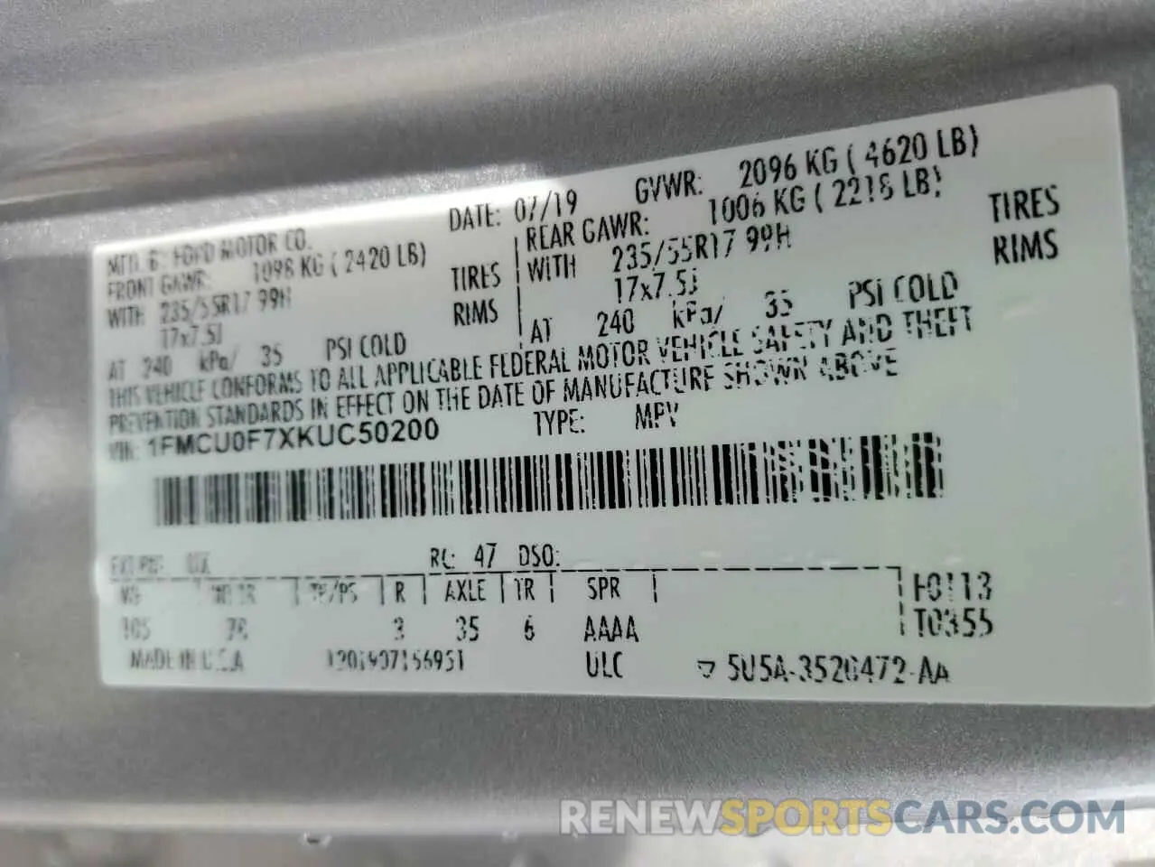 13 Photograph of a damaged car 1FMCU0F7XKUC50200 FORD ESCAPE 2019