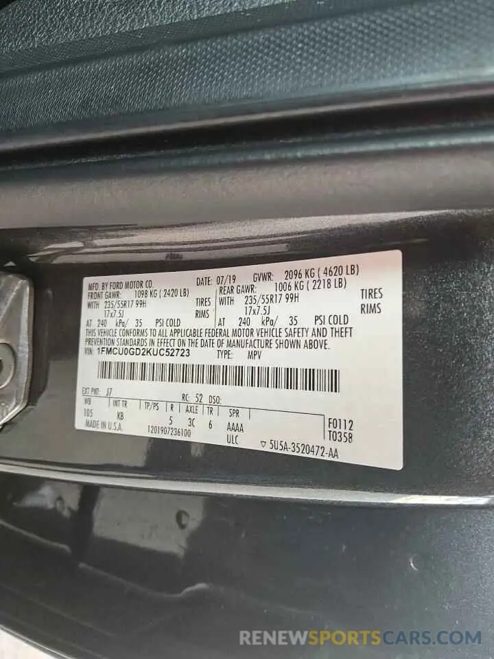 12 Фотография поврежденного автомобиля 1FMCU0GD2KUC52723 FORD ESCAPE 2019