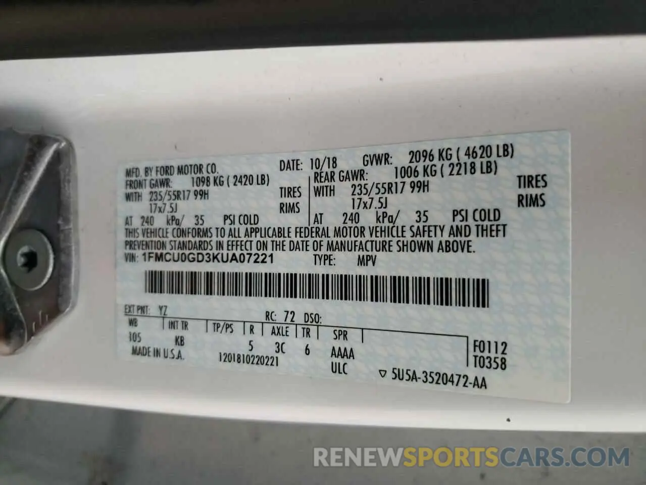 13 Photograph of a damaged car 1FMCU0GD3KUA07221 FORD ESCAPE 2019