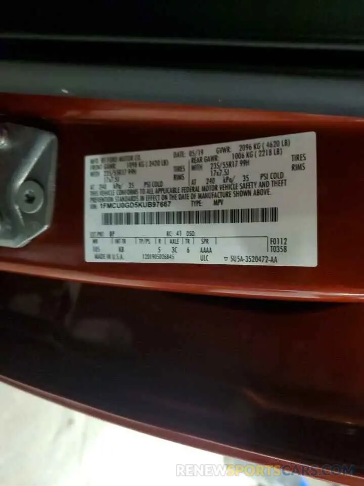13 Photograph of a damaged car 1FMCU0GD5KUB97667 FORD ESCAPE 2019