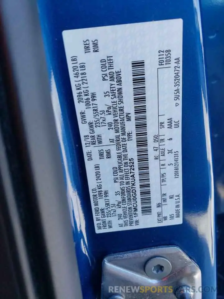 13 Photograph of a damaged car 1FMCU0GD7KUA72525 FORD ESCAPE 2019