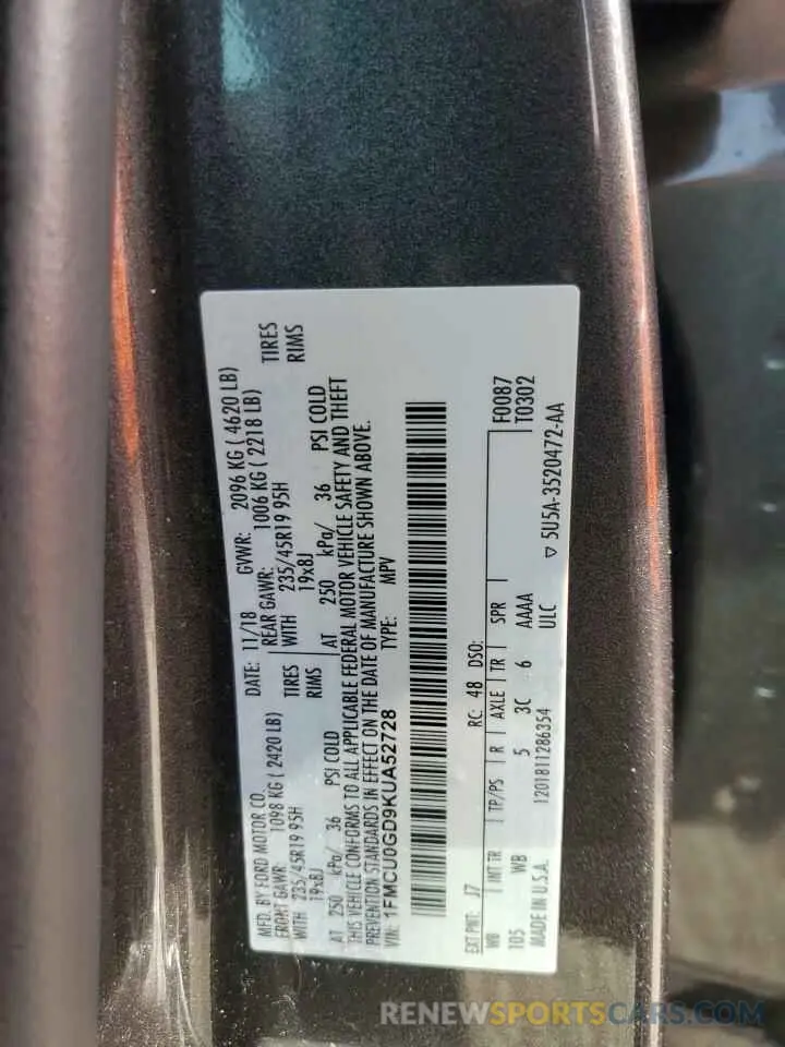13 Photograph of a damaged car 1FMCU0GD9KUA52728 FORD ESCAPE 2019